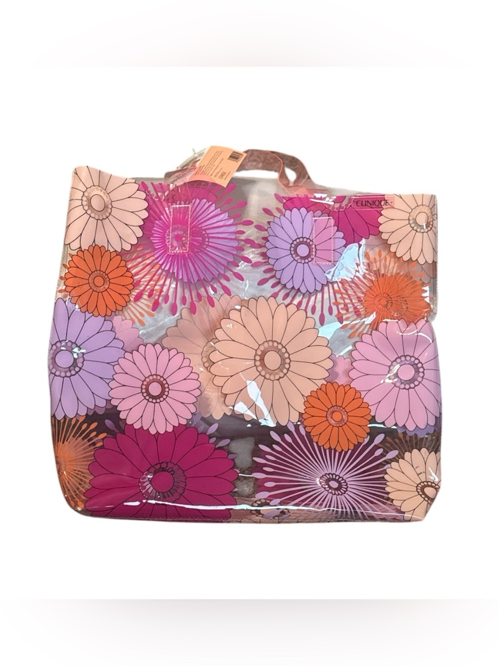 Floral Clear Tote Bag in Pink & Orange See-Through Beach Festival Plastic Bag